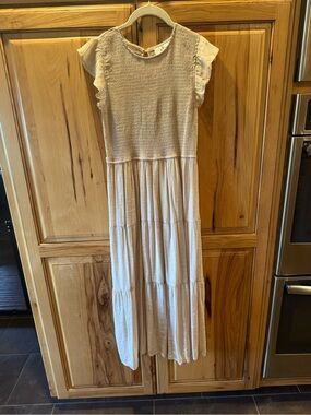 Beige Maxi Dress with Ruffle Sleeves and Smocked Top